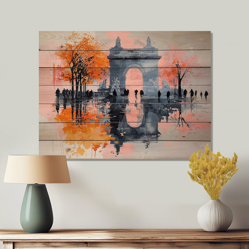 Abstrait Arc de Triomphe à Paris I - Art mural traditionnel sur bois de pin naturel, H 34 po x l 44 po
