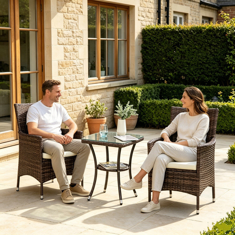 Three Piece Rattan Chair Set Brown with Cushions Weather Resistant Outdoor Patio Seating for Backyard Porch Balcony