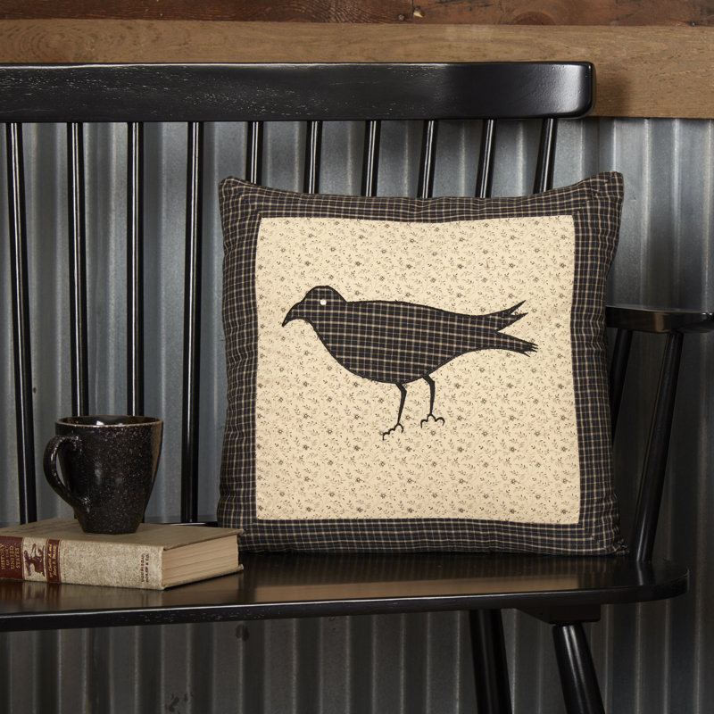 16" Black and Tan Embroidered Cotton Crow Pillow