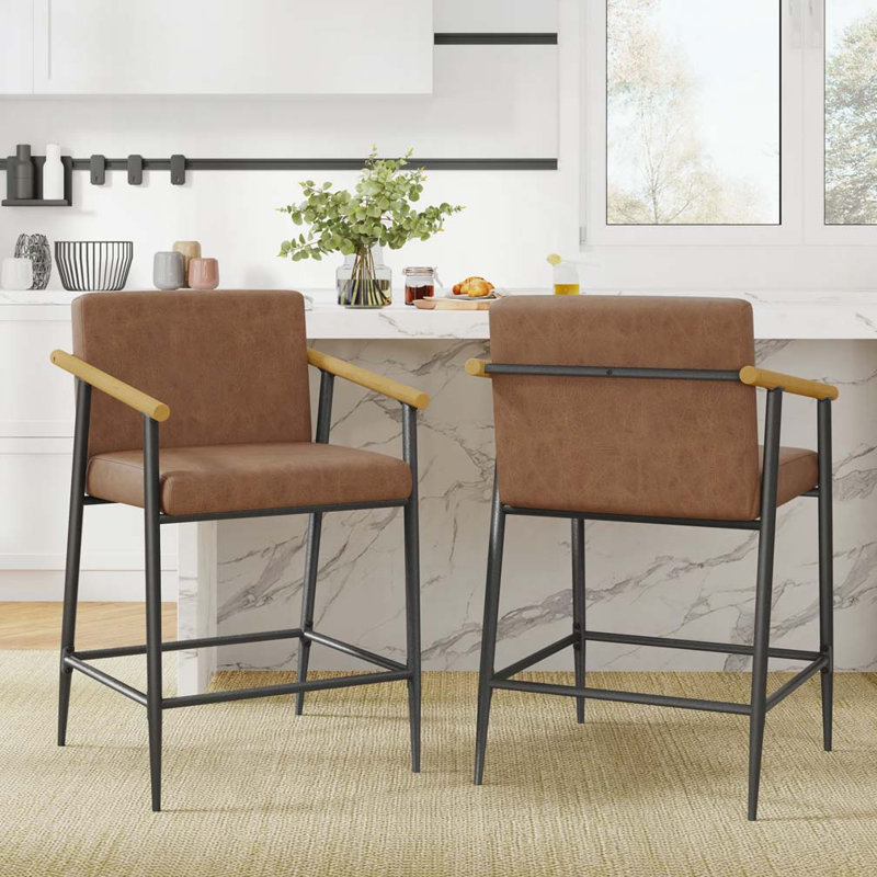 31" H Seat Height Upholstered Counter Stool with Metal Frame, Brown