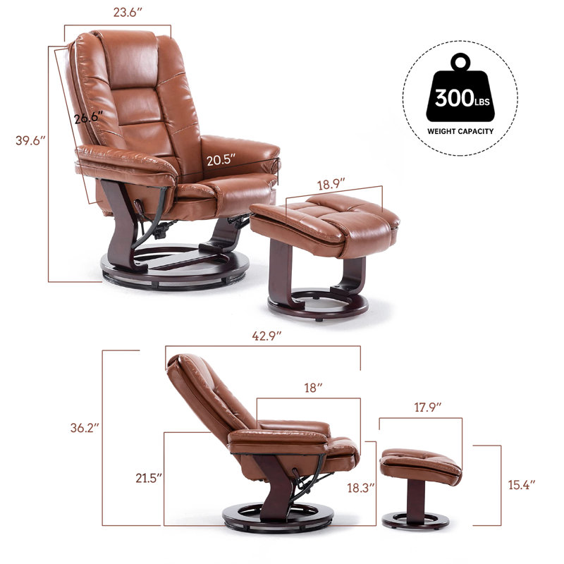 32" Contemporary Leather Recliner and Ottoman with Swiveling Mahogany Wood Base, Brown