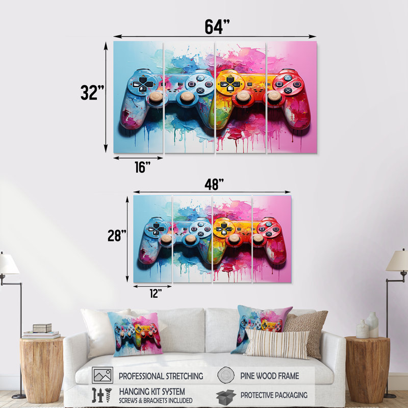 «Pink and Blue Ps Video Game Controllers», art mural 4 pièces, H 32 po x l 64 po