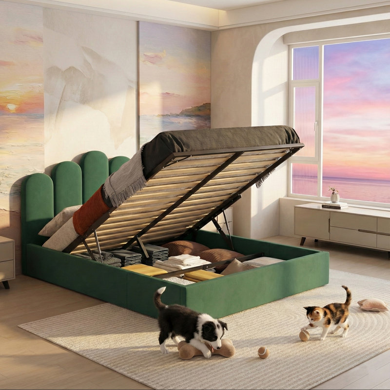 Lit plateforme tapissier Petal Palm, Double, Vert