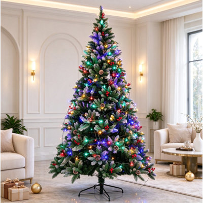 Arbre de Noël artificiel vert avec lumières DEL, branches en PVC luxuriant, installation à charnières, support en métal stable pour la décoration des Fêtes