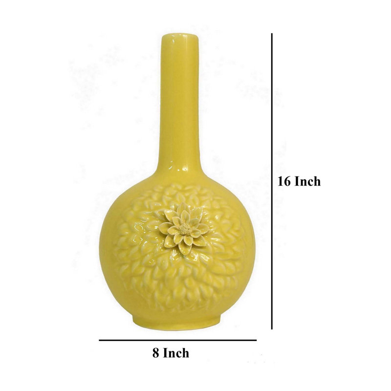 Vase à fleurs Remi, col étroit, céramique jaune avec motifs floraux, 16 po