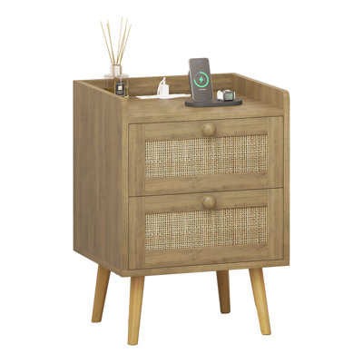 Rattan Nightstand with Charging Station and 2 Drawers