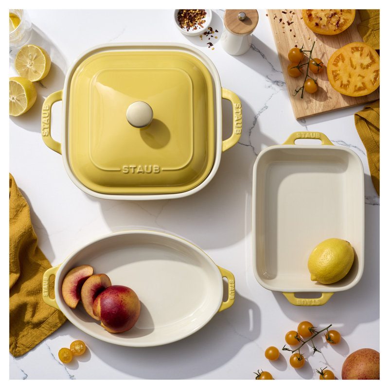 Staub Ceramic 4-Pc Baking Pans Set, Casserole Dish With Lid, Brownie Pan, Citron, Citron