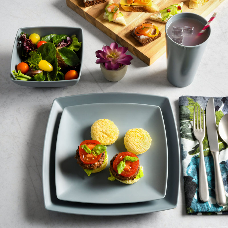 16 Piece Melamine Dinnerware Set, Service for 4, Gray