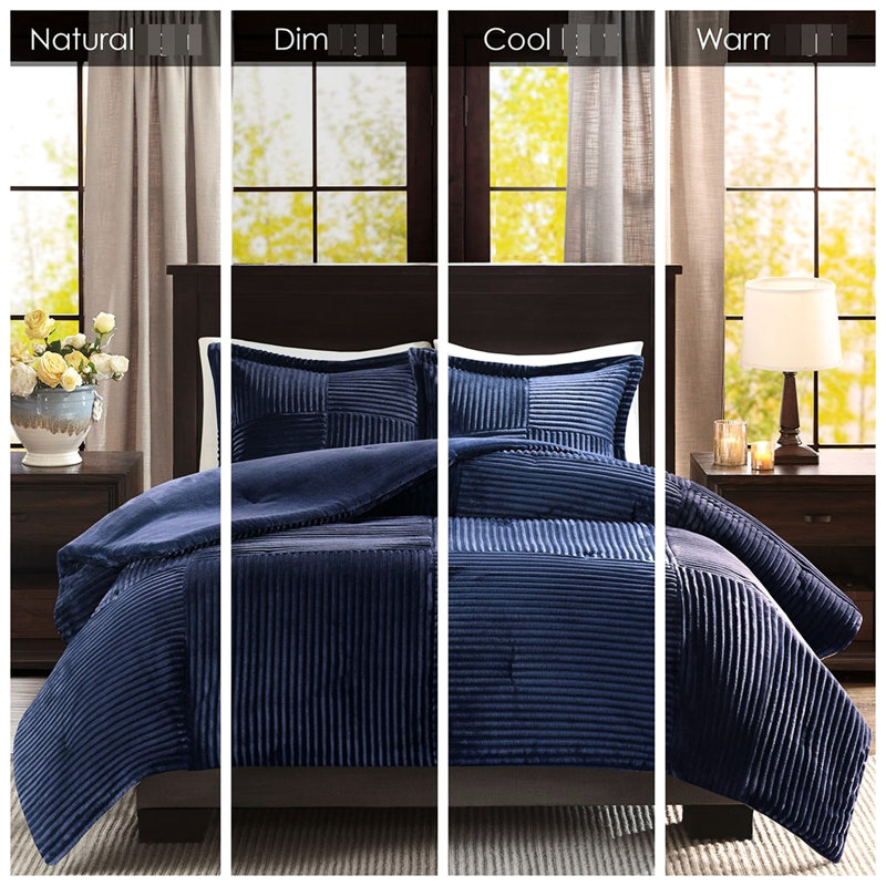 Navy Comforter Full/Queen - Ribbed Front, Solid Back, Machine Washable, Includes & 2 Shams Navy, Interior, Exterior, Reverse, 1 And