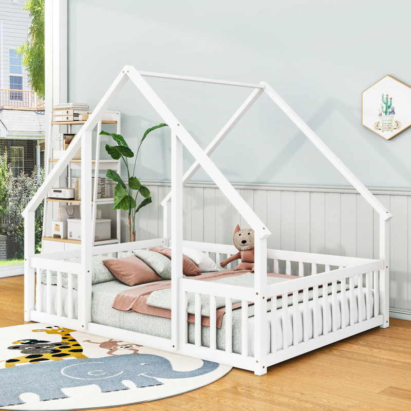 Lit de plancher en bois en forme de maison avec construction et garde-corps, Double, Blanc