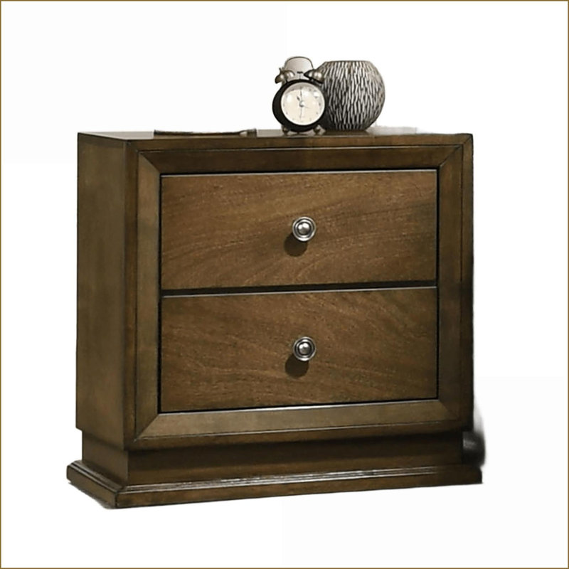 Table de chevet 2 tiroirs noyer en bois d'hévéa avec boutons bronze