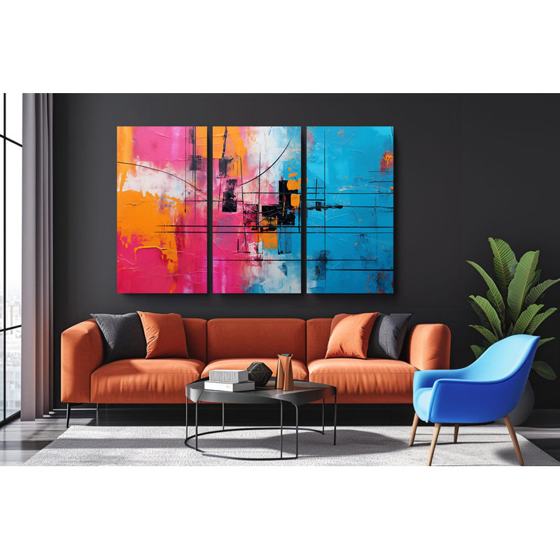 «Triptych», art mural sur toile - Triptyque géométrique rouge, jaune et noir - ensemble de toiles abstraites modernes pour les amateurs de décoration et d'art audacieux, reproduction de peinture