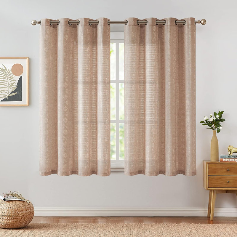Amadas Linen Semi-Sheer Rod Pocket Curtain Pair, 52" W x 63" L, White/Tan