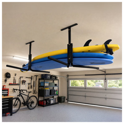 2 supports de rangement pour kayak de plafond, support de garage suspendu, support de rangement réglable pour plafond robuste, peut contenir 2 kayaks, canot, planche de surf et SUP