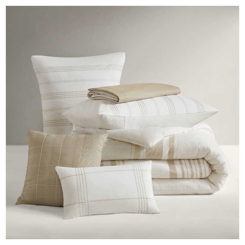 Ensemble d'édredon très grand en coton 6 pièces avec imprimé tropical et coussins décoratifs Taupe, Ivoire / brun clair rayé