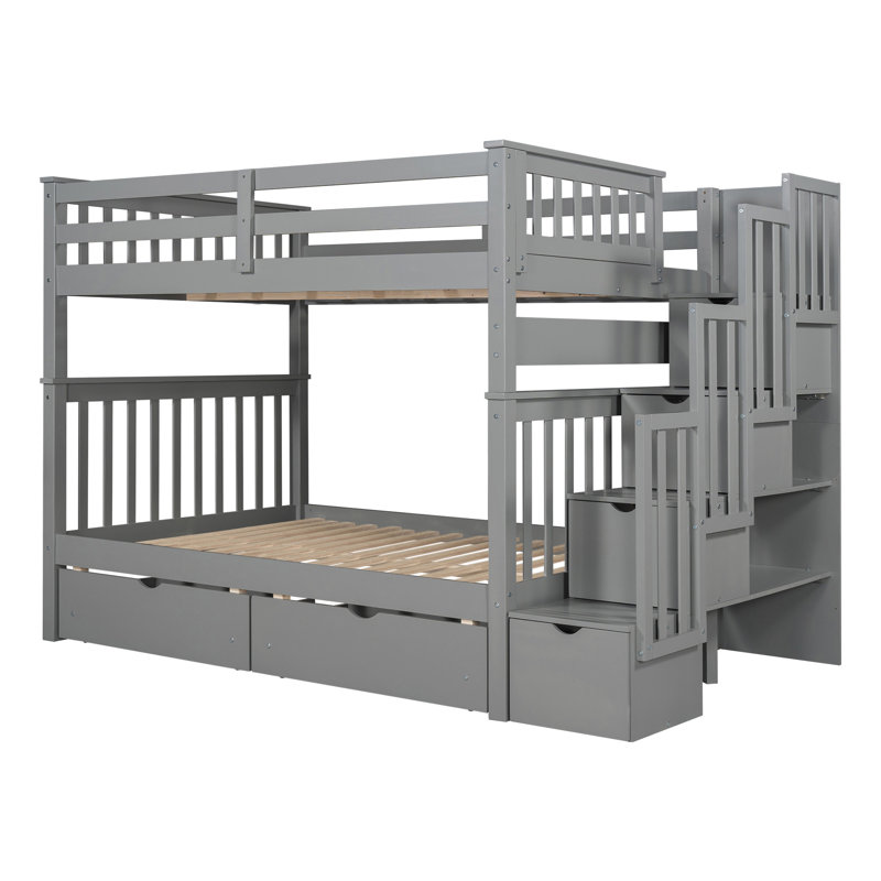 Lit superposé avec tablettes et 6 tiroirs de rangement, Gris