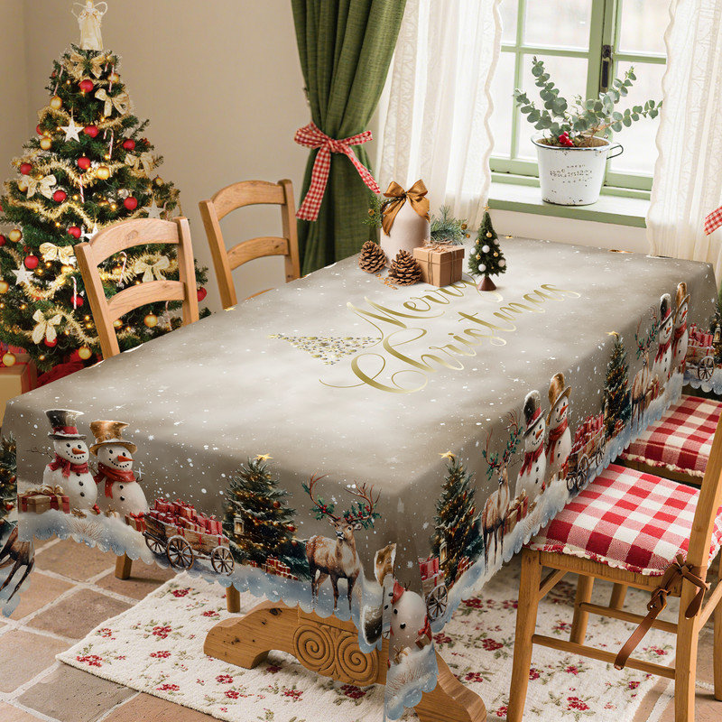 Grayish-White Washable Christmas Snowman Pattern Polyester Tablecloth, 86.6" L x 70.8" W
