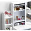 Bureau de coiffeuse à la mode avec miroir d'éclairage 3 couleurs - rangement multiple, lumières contemporaines blanches et support à 4 tiroirs