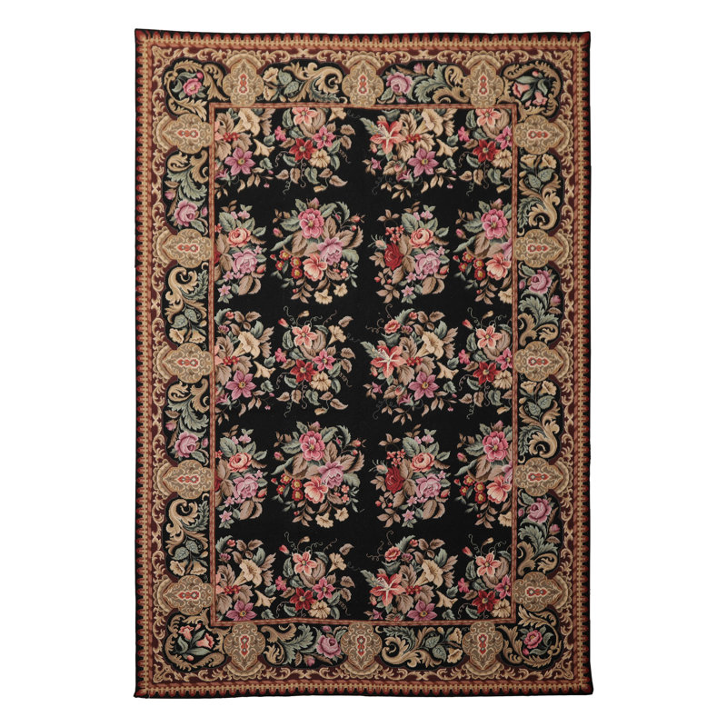 Tapis traditionnel noir en laine tissé à la main 6 x 9 Aubusson