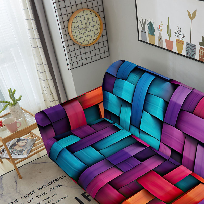 Housse de canapé extensible moderne à blocs de couleurs, protecteur de canapé en microfibre multicolore 90GSM, housse lavable pour canapés de 1 à 4 places