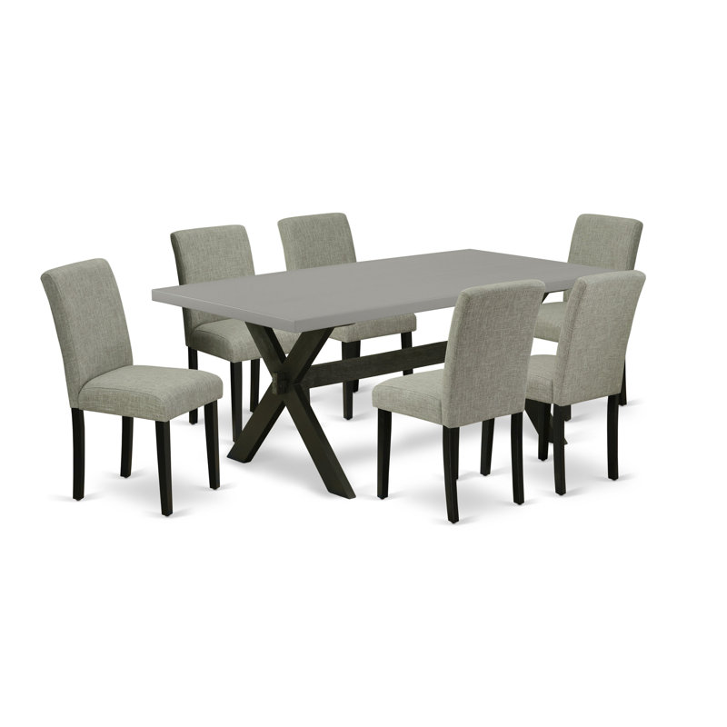 7 Piece Kitchen Table Set Consist of a Rectangle Dining Table with X-Legs and 6 Shitake Linen Fabric Parson Dining Chairs, Wire brushed Black
