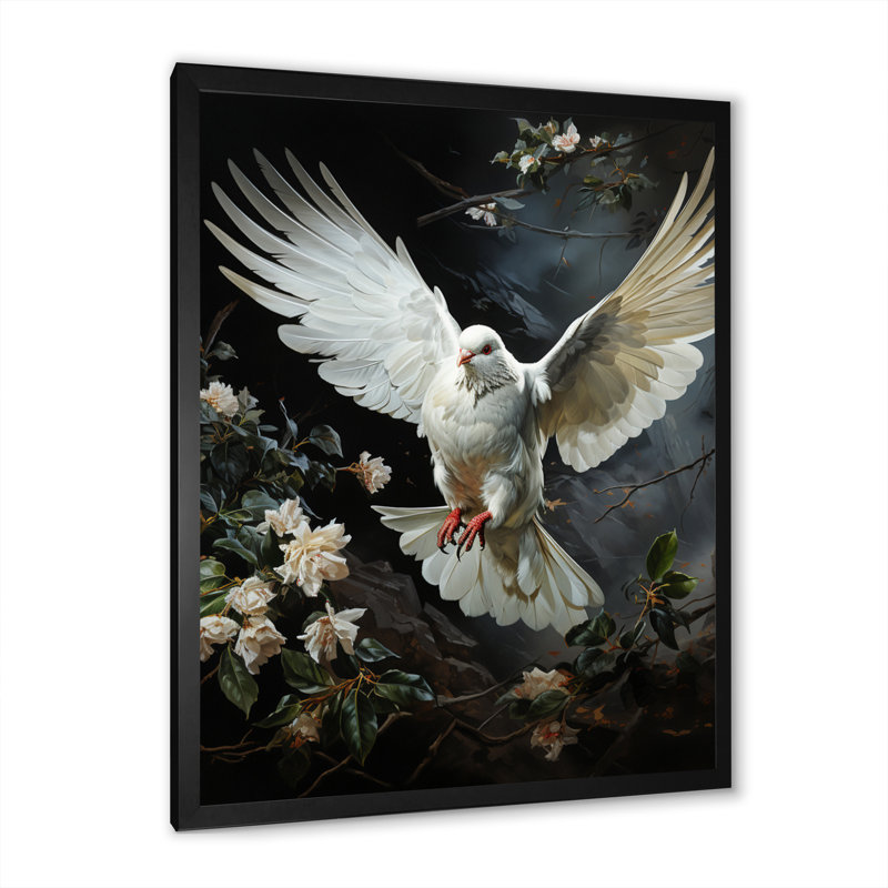 White Dove Messenger Of Peace - Animals Canvas Prints, 44" H x 34" W x 1.5" D, Black Single Picture Framed