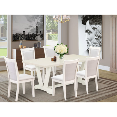 7-Pc Dinner Table Set Includes a Dining Table and 6 Cream Linen Fabric Dining Chairs with High Back - Wire Brushed Linen White