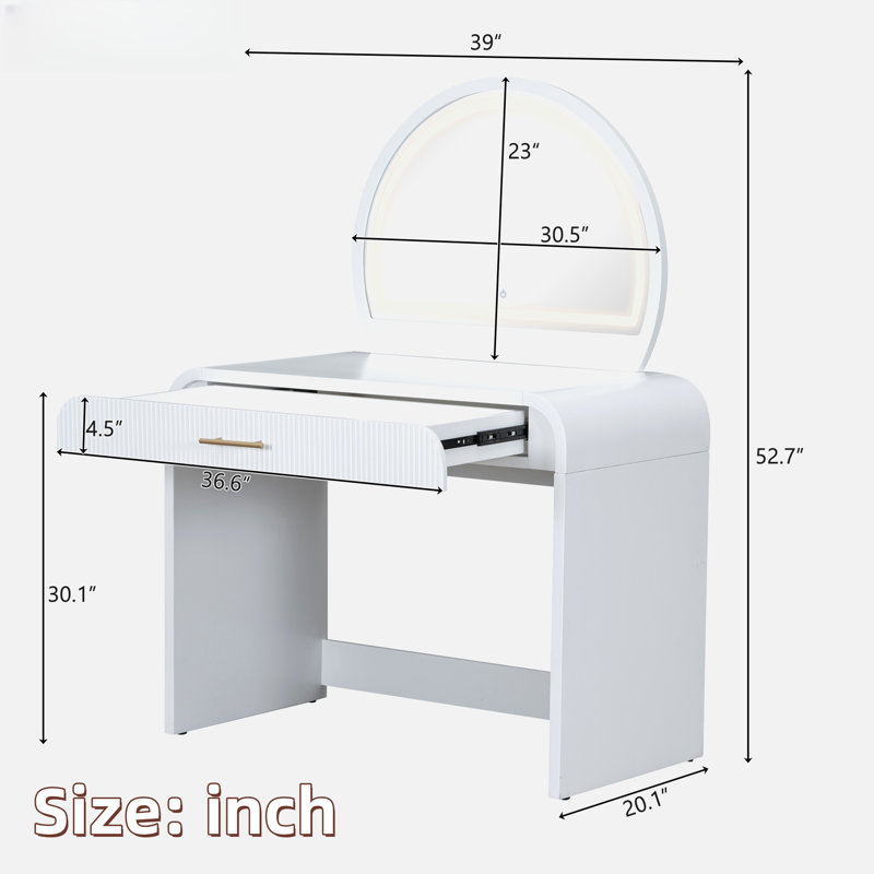 Makeup Vanity Table With Touch Screen Lighted Mirror, Dressing Table With A Drawer And Curved Edges