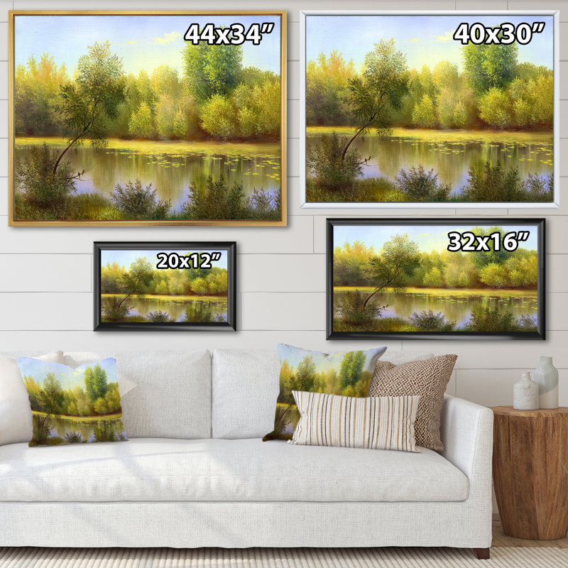 «Beautiful Summer River Green Landscape II», reproduction sur toile, H 16 po x l 32 po x P 1 po, Cadre flottant blanc
