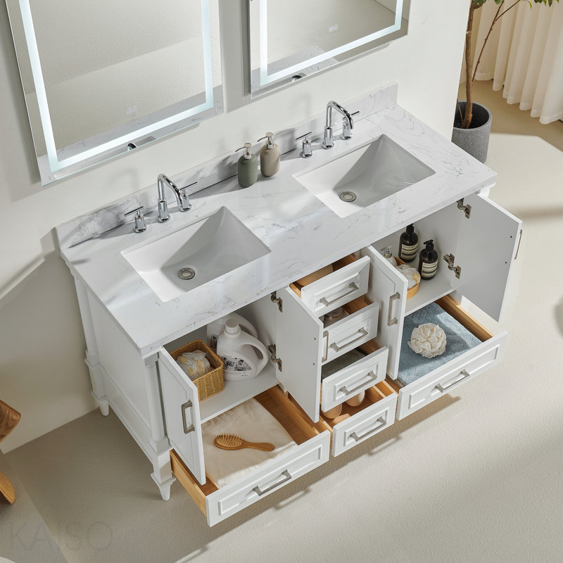 Fully Assembled 60'' Freestanding Double Bathroom Vanity With 2 Handle Sets