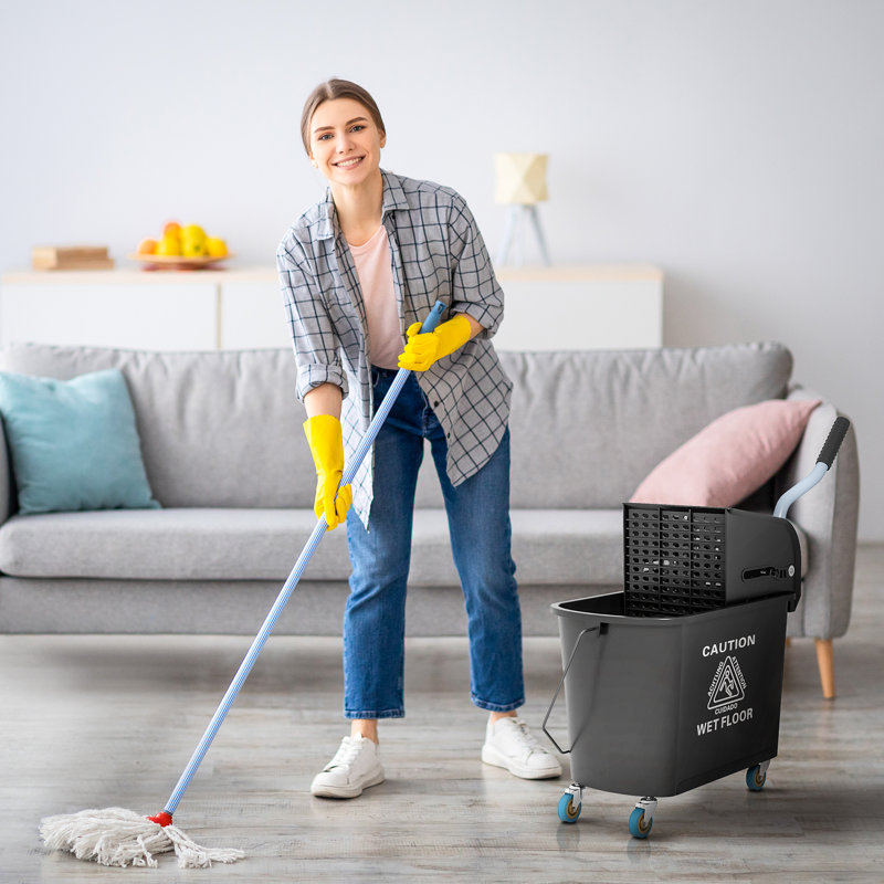 Mop Bucket With Wringer On Wheels For Floor Cleaning, 21 Quart, Separate Dirty And Clean Water, Black