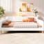 Lit de jour rembourré beige, grand lit, 4 pieds, pin et cadre, fonctionnel pour le salon, taille avec lin, support solide et polyvalent, facile à installer
