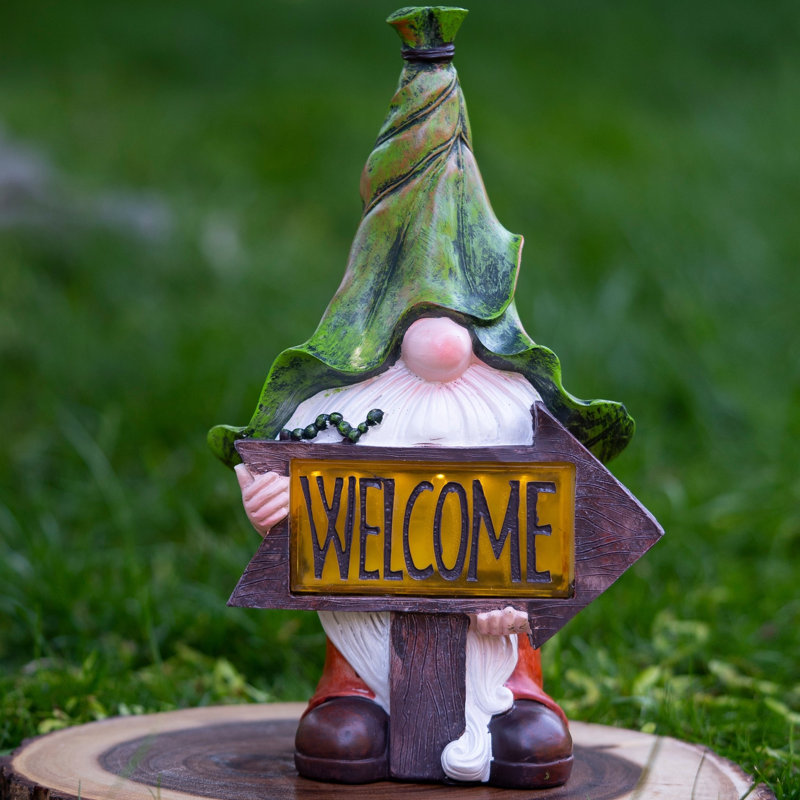Green Polyresin Gnome With Solar LED Hat