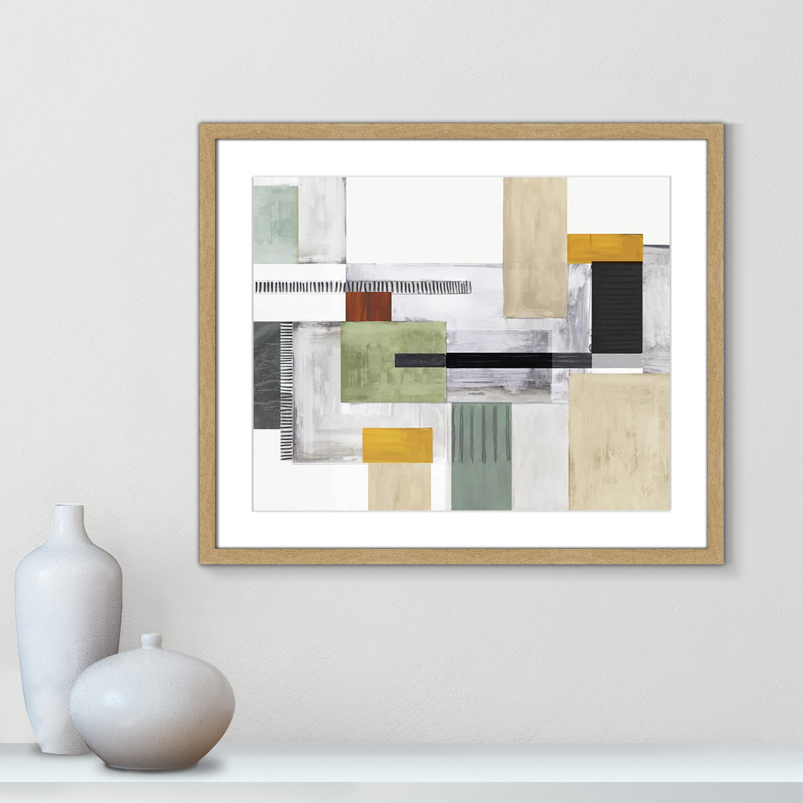 Playful Blocks Print by Tom Reeves, 21.5" H x 25.5" W x 1.25" D, Natural Box Picture Framed, White