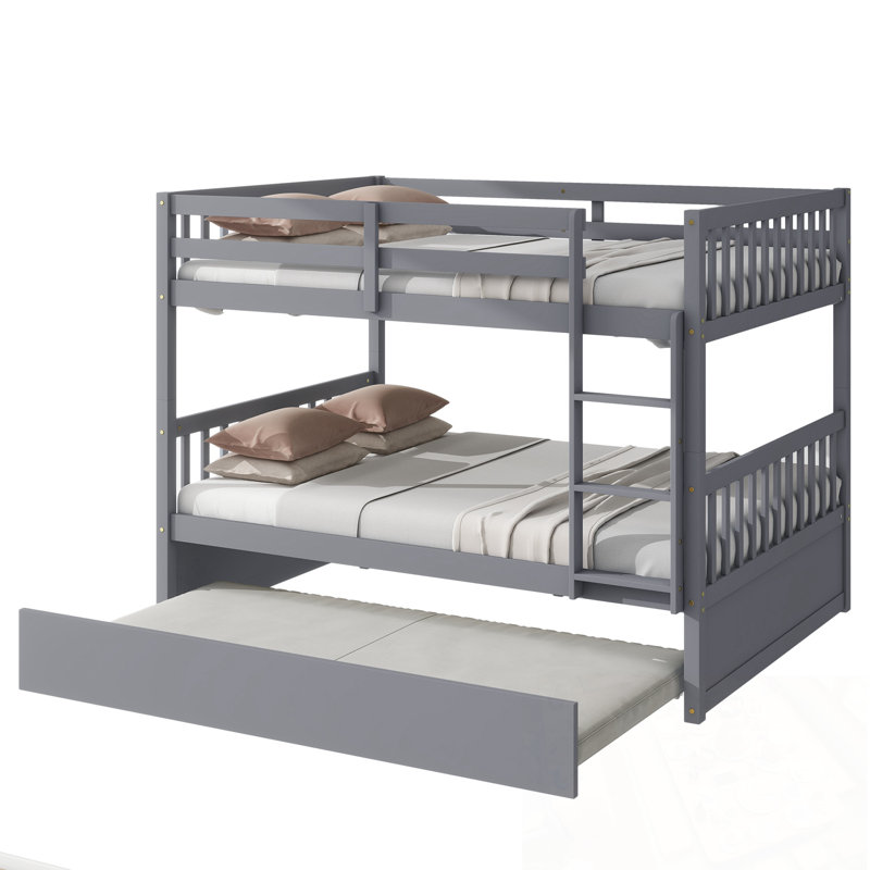 Full Over Full Bunk Bed with Trundle, Ladder and Guardrails, Grey