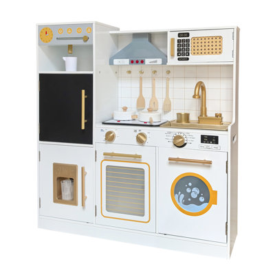 Wooden Play Kitchen for Kids with Lights & Sounds, Pretend Chef Playset with Refrigerator, Oven, Washing Machine, Water Dispenser, Storage Cabinets and Rounded Corners for Toddler Role Play