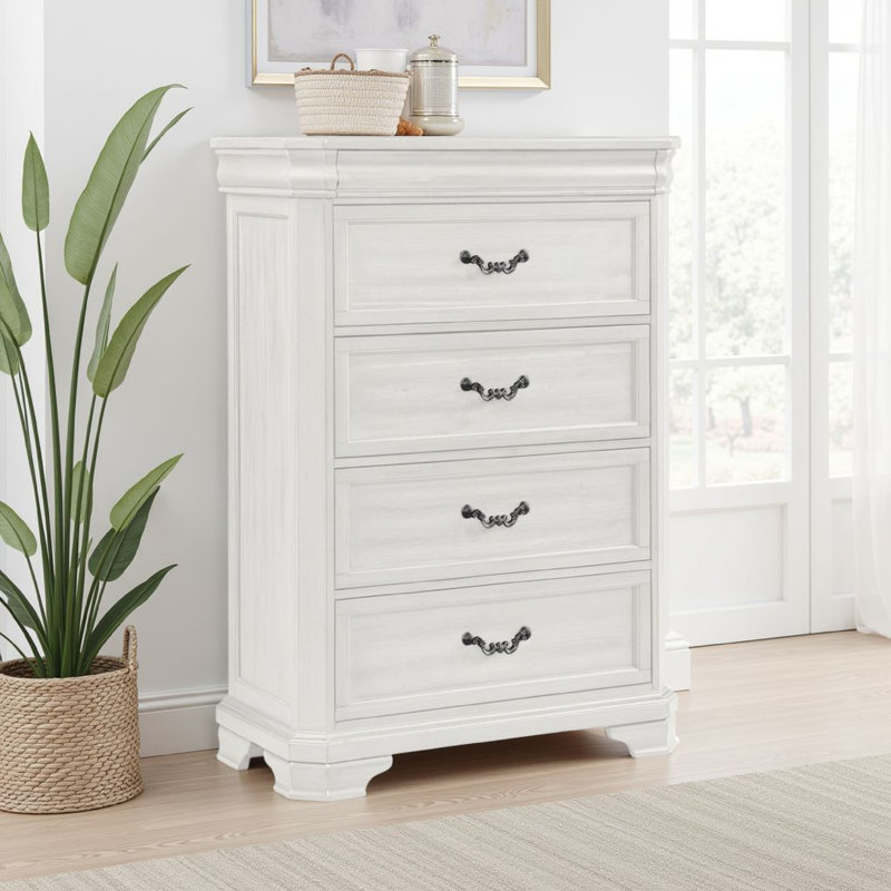 Commode haute Lynda, 4 tiroirs, bois d'acacia massif blanc classique