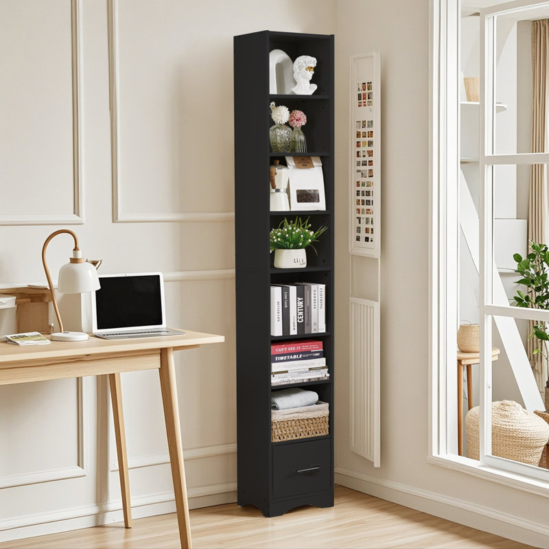 7-Tier Bookshelf With Drawer, 180 Cm Tall Narrow Bookcase, Slim Storage Cabinet With Adjustable Shelves For Home Office, Living Room