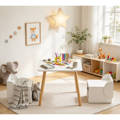 Kids Table and 2 Stools Set, Wooden Toddler Activity Table with 2 Storage Stools, Children Play Table Set for Drawing, Crafts, Snack Time, Playroom, Nursery, Ages 2-6