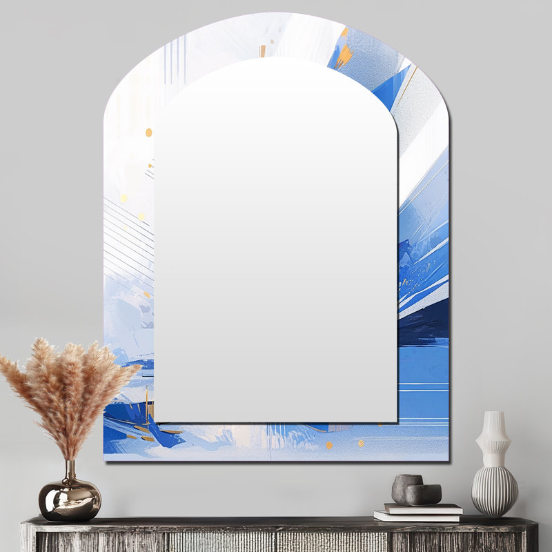 Bleu blanc cubiste kaléidoscope II - miroir décoratif cubique asymétrique, miroir mural arqué bleu, impression d'art en métal