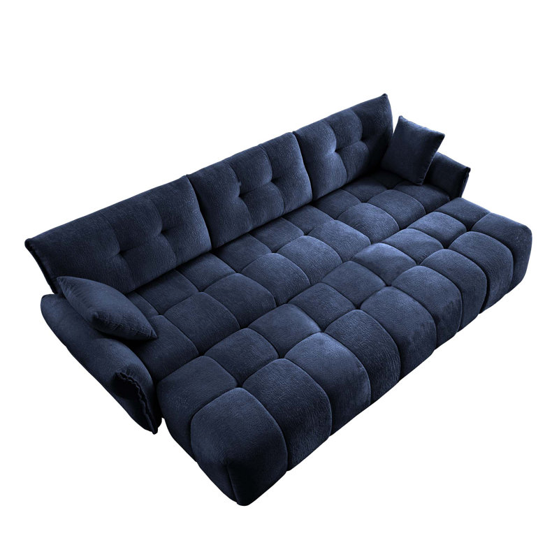 Canapé modulaire 3 places avec 3 repose-pieds et coussins, Chenille bleue