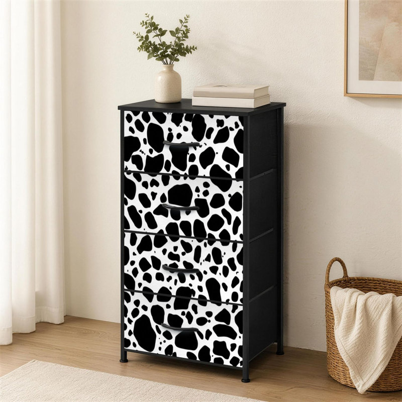 Commode à 4 tiroirs pour chambre à coucher, motif vache, texture peau western, taches de bétail, fourrure blanche, petite commode haute pour placard, rangement avec tiroirs et bacs de rangement en tissu.