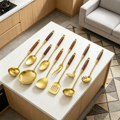 Ensemble d'ustensiles de cuisine en acier inoxydable 10 pièces avec poignée en bois - Outils de cuisine professionnels comprenant une spatule, une louche, un écumoire, un tourneur à fentes, une cuillère, une fourchette et un pilon