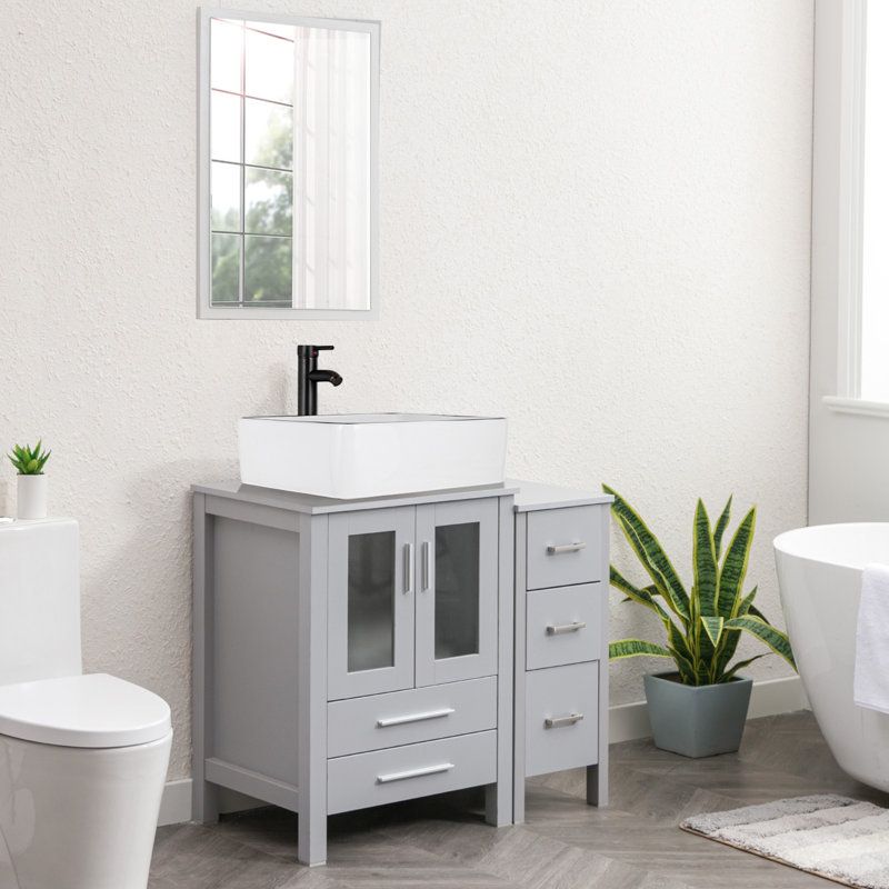 Meuble-lavabo simple 36 po avec plateau en bois manufacturé Breahnna, lavabo vasque, robinet, bonde, Gris, Gris