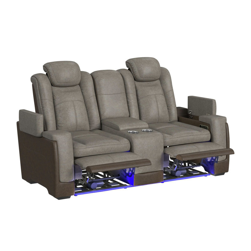 Ivy Bronx Taionna Power Motion Loveseat with Power Headrest, Led, and Console in Rocky Grey/Brown