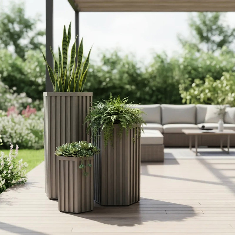 Pot à fleurs hexagonal gris et gris, pot à fleurs en aluminium léger, drainage prédécoupé, thermolaquage couleur bois moderne, profondeur réglable, 16,59 po de profondeur, 14,11 de largeur, 31,12 de hauteur, utilisation à long terme