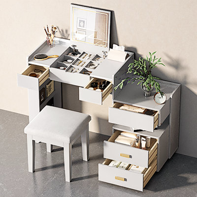 Bureau 45 po 3-en-1 avec miroir à DEL | Longueur réglable, 3 lumières colorées, 5 tiroirs + tablette latérale, bureau / table de chevet