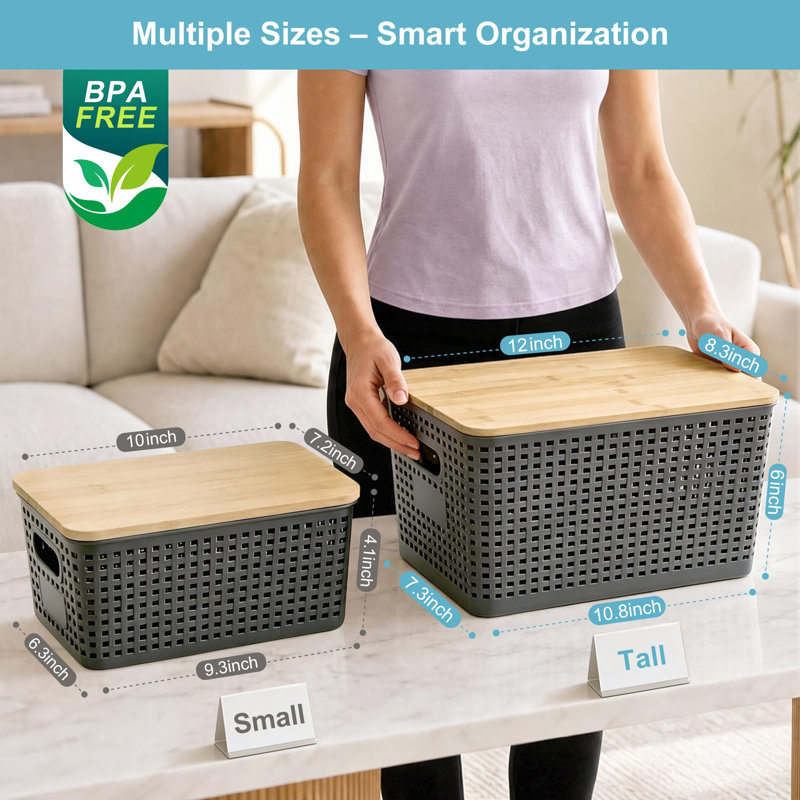 Set of 2 Tall 10.8QT Plastic Storage Baskets with Bamboo Lids, Stackable Organizer Containers 12×8.3×6.1 Inch for Home & Office Organization