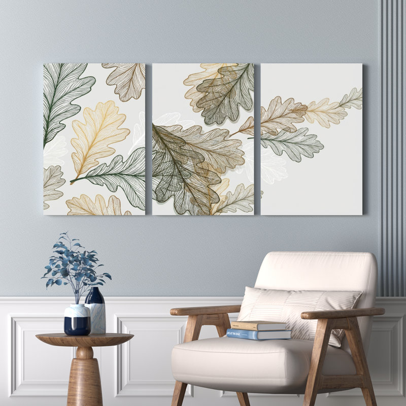 Ensemble de 3 art mural en toile de chêne à motif de feuilles de chêne pour le salon, H 24 po x l 48 po