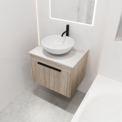 24 " Modern Design Float Bathroom Vanity With Ceramic Basin Set, Wall Mounted White Oak Vanity With Soft Close Door,2 Pieces Parcel